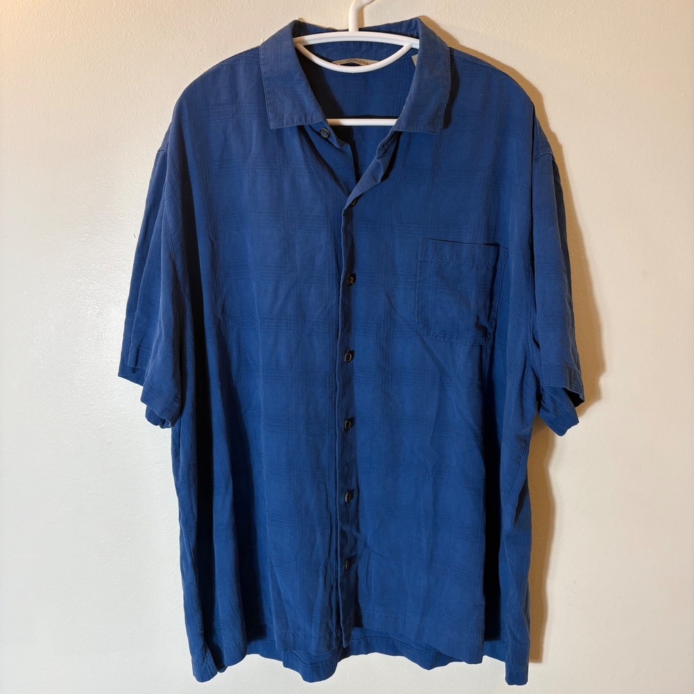 Paradise Collection Mens XXL Blue 100% Silk Short Sleeve Button Down Shirt Grid